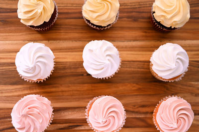 High angle view of cupcakes on table