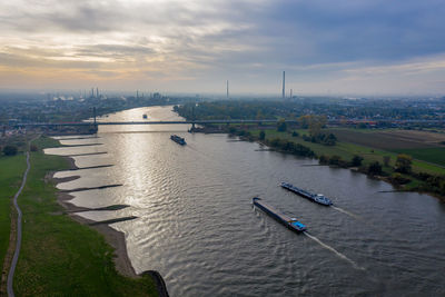 Panoramic view of the rhine bridge leverkusen. aerial photography by drone