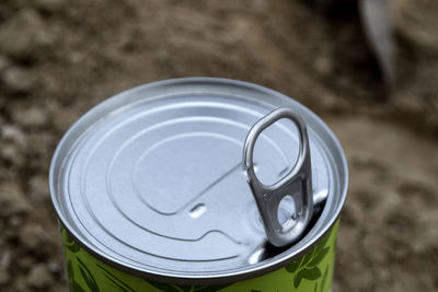 High angle view of metal container