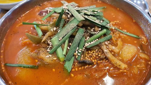 High angle view of soup in bowl