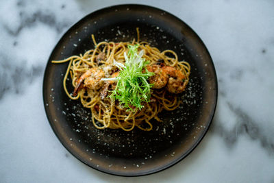 High angle view of food in bowl on table