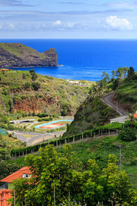 Scenic view of sea and buildings against sky