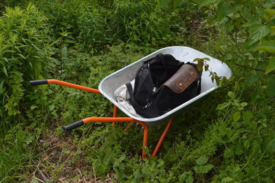 High angle view of sunglasses on grass