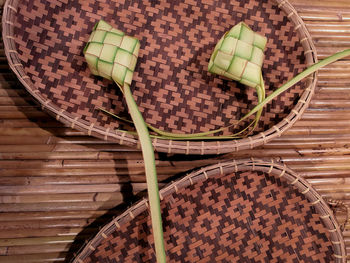 High angle view of wicker basket on table