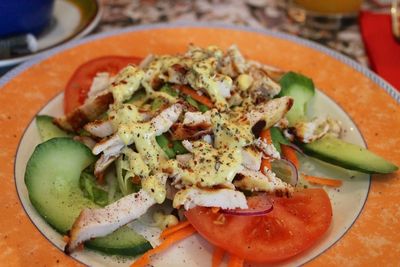 Close-up of served food on table