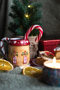 Christmas decor on the table flatlay