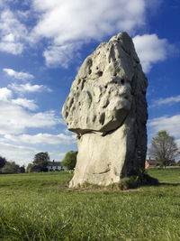 Statue on field against sky