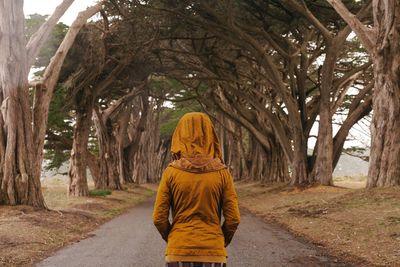 Rear view of woman standing on street amidst trees