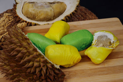 High angle view of fruits on cutting board