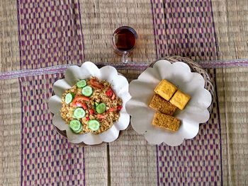 High angle view of breakfast served on table