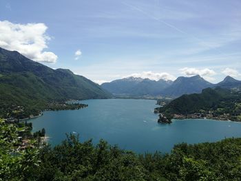 Scenic view of lake and mountains against sky