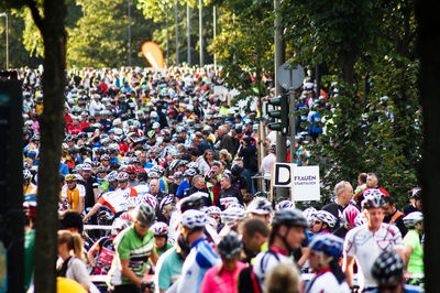 Crowd of bicyclist waiting at starting line