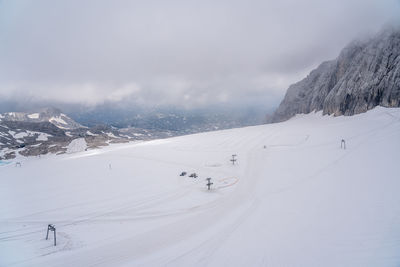 Scenic view of snow covered mountains against sky