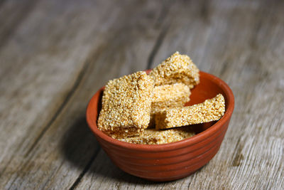 High angle view of bread in bowl on table