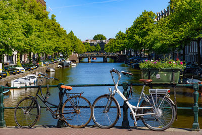 Bicycle by canal in city