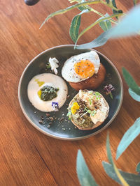 High angle view of breakfast served on table