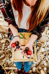 High angle view of woman holding fruits