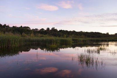 Scenic view of lake against sky during sunset