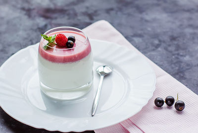 High angle view of dessert in plate on table