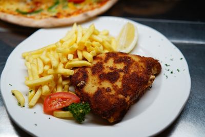 High angle view of food in plate on table