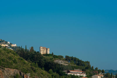 Trees and houses against blue sky