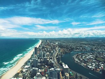 High angle view of sea against cloudy sky