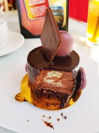 Close-up of cake in plate on table