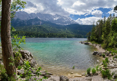 Scenic view of lake and mountains against sky