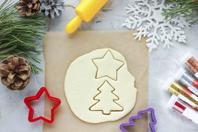 High angle view of cookies on table