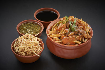 High angle view of food on table against black background