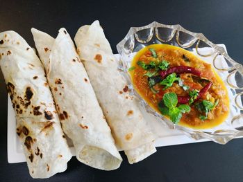 High angle view of meal served on table