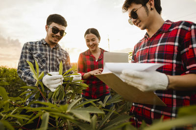 Coworkers examining plants in farm