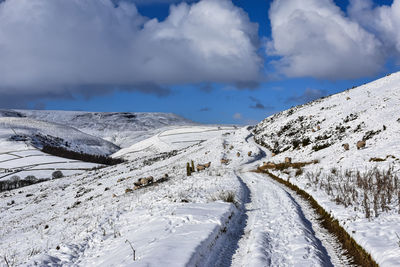 Scenic view of snow covered mountains against sky