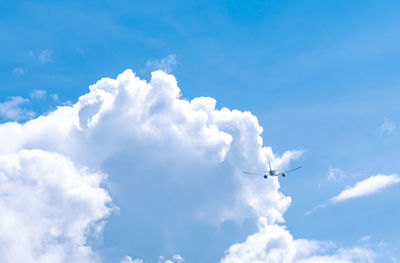 Commercial airline flying on blue sky and white fluffy clouds. airplane flying on sunny day. 