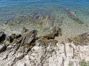 Scenic view of sea against rocks