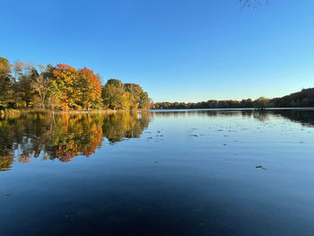 Scenic view of lake against clear blue sky