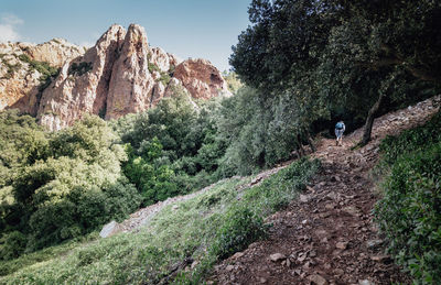 Panoramic view of rock formations and hiker against sky