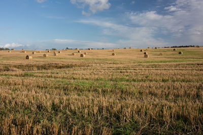 Hay bales on field against sky