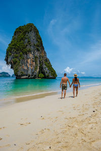 Rear view of couple walking on beach