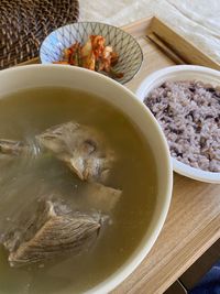 High angle view of soup in bowl on table