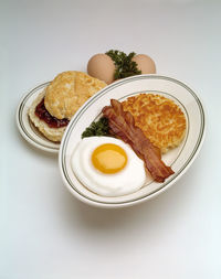 High angle view of breakfast served on table