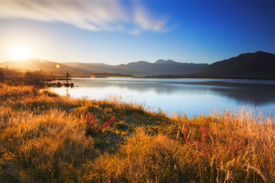 Scenic view of lake against sky during sunset