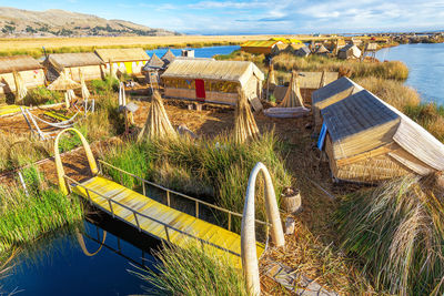 High angle view of traditional houses by lake titicaca