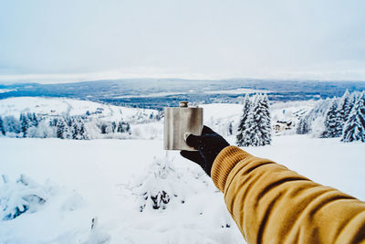 Low section of person on snowcapped mountain