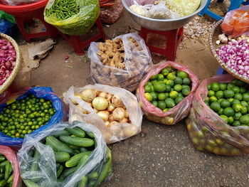 High angle view of vegetables for sale at market stall