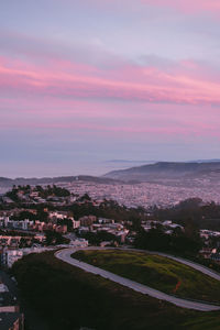 High angle view of townscape against sky during sunset