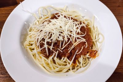 High angle view of noodles in bowl on table