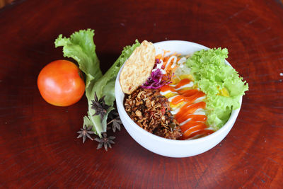 High angle view of vegetables in bowl on table