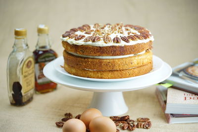 Close-up of pecan maple cake on table