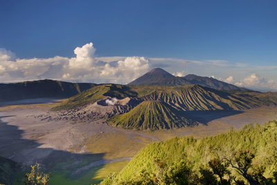 Panoramic view of volcanic landscape against sky